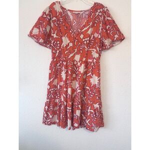 Knox‎ Rose Boho Dress M Coral Orange Short Sleeve Tiered Mini Cottagagecore